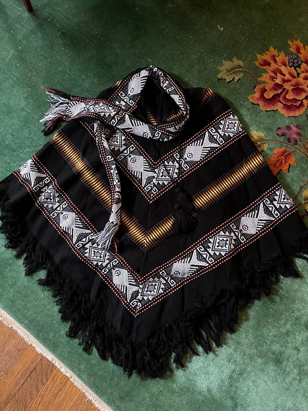 Hand Woven Black Tribal Mexican Poncho Cape Fringe Tassels Scarf Festival